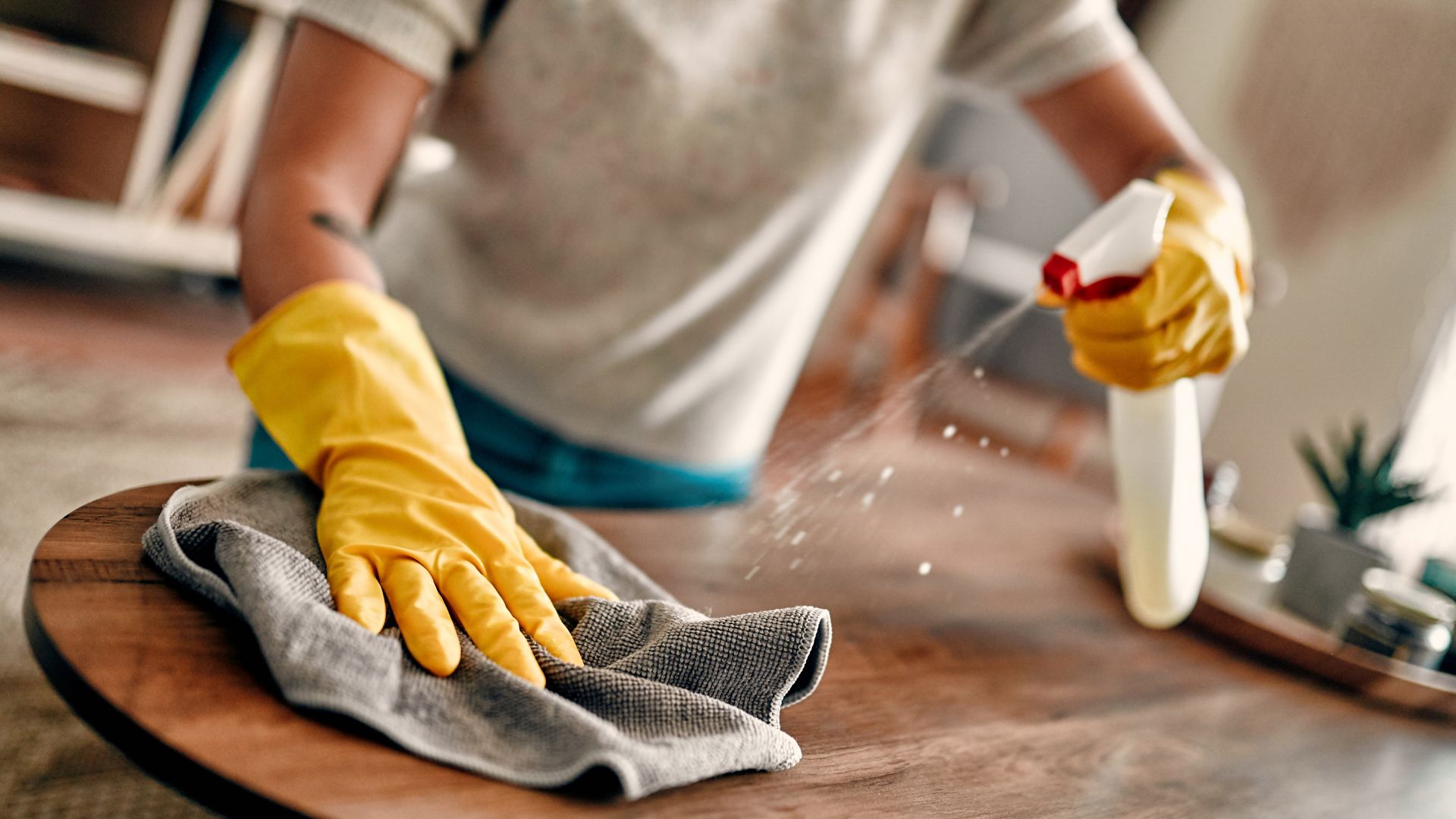 Maid cleaner wiping table