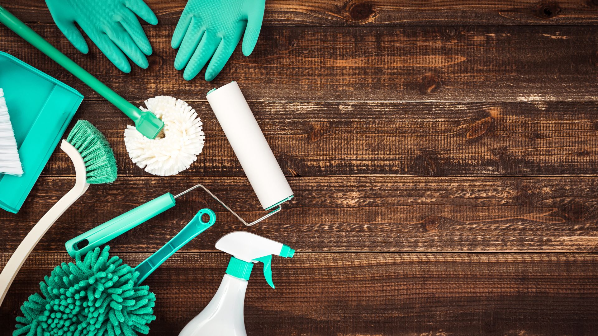 Wood table with house cleaning equipment