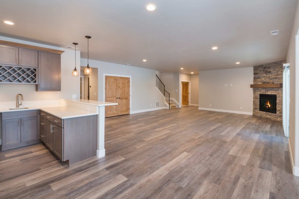 A modern living room and kitchen without stuffs yet