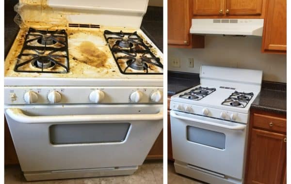 Before and after image of deep stove cleaning service
