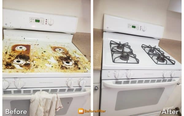 Before and after image of stove cleaning service