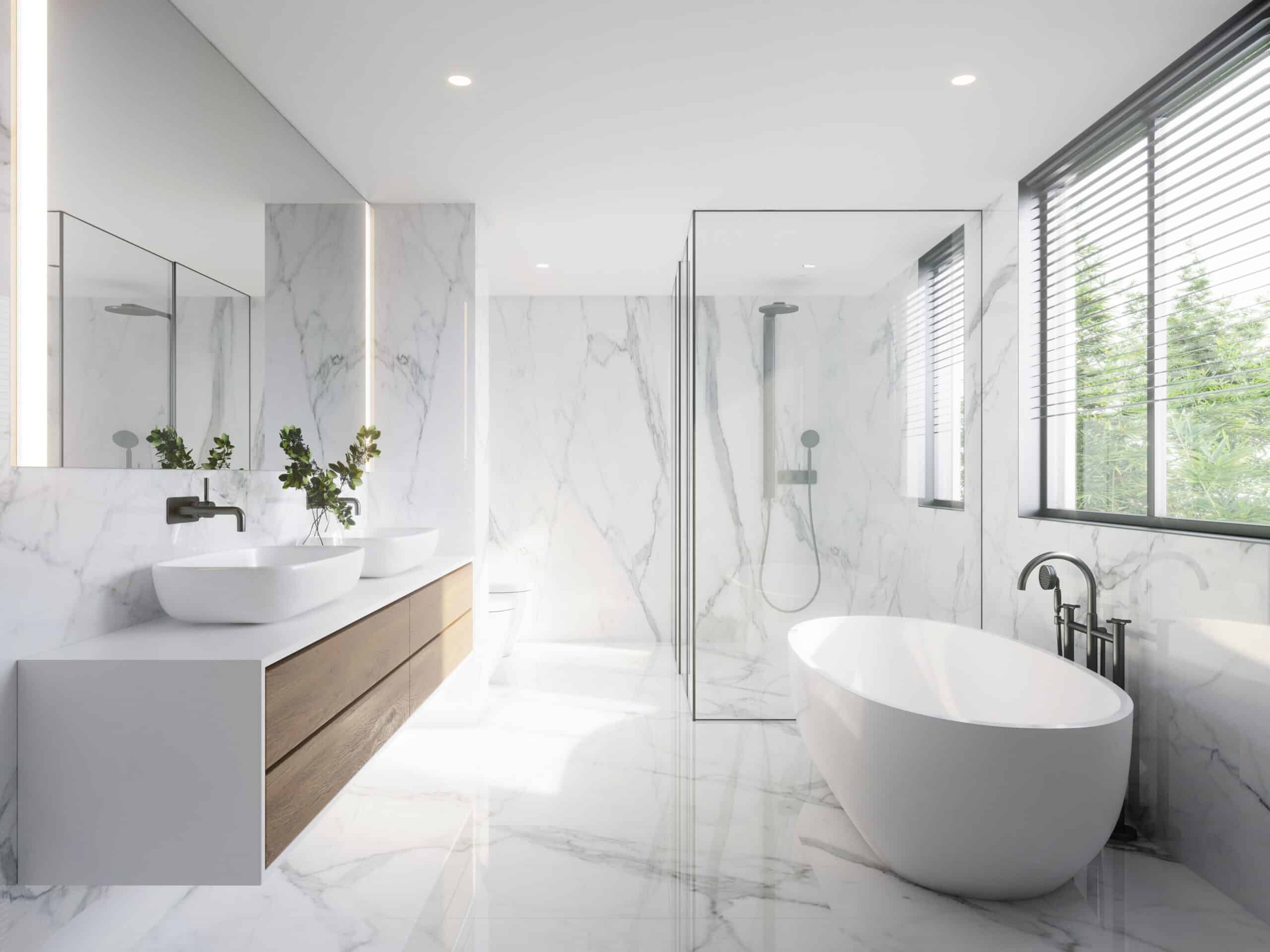 modern white bathroom with white marble and bathtub