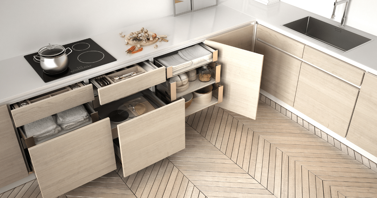Kitchen with open drawers and cabinets