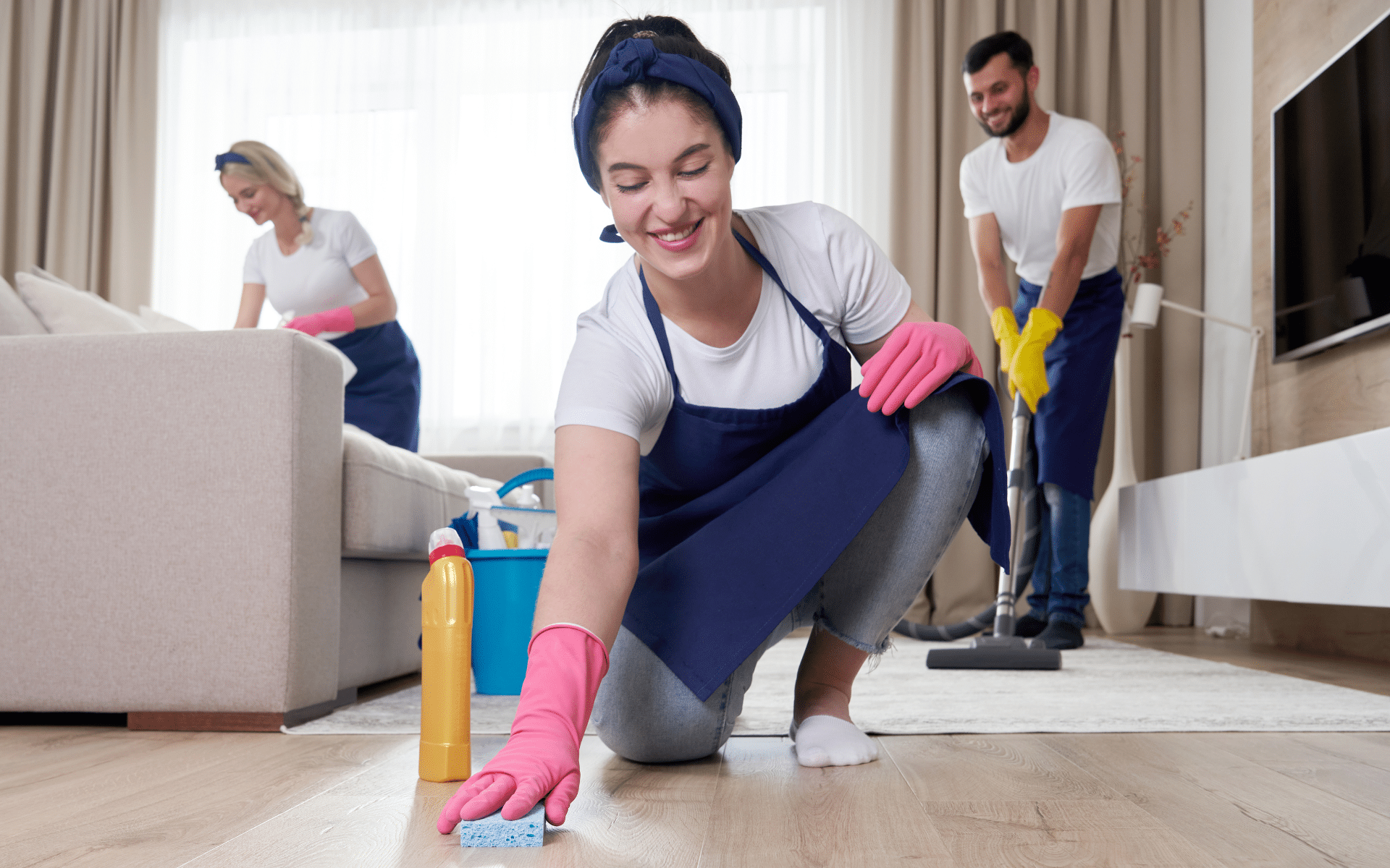 3 maids cleaning living room