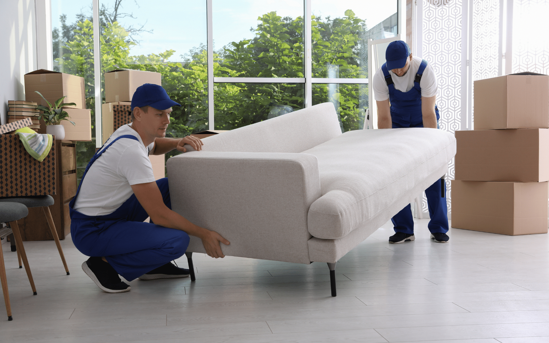 2 Maid cleaners moving a sofa