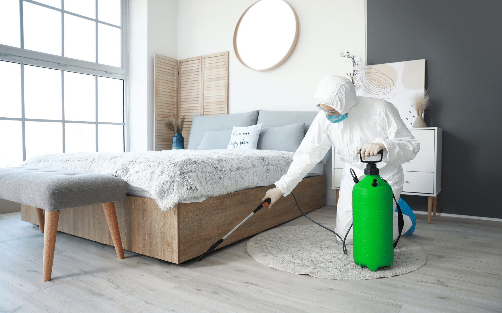Cleaner disinfecting the areas under the bed