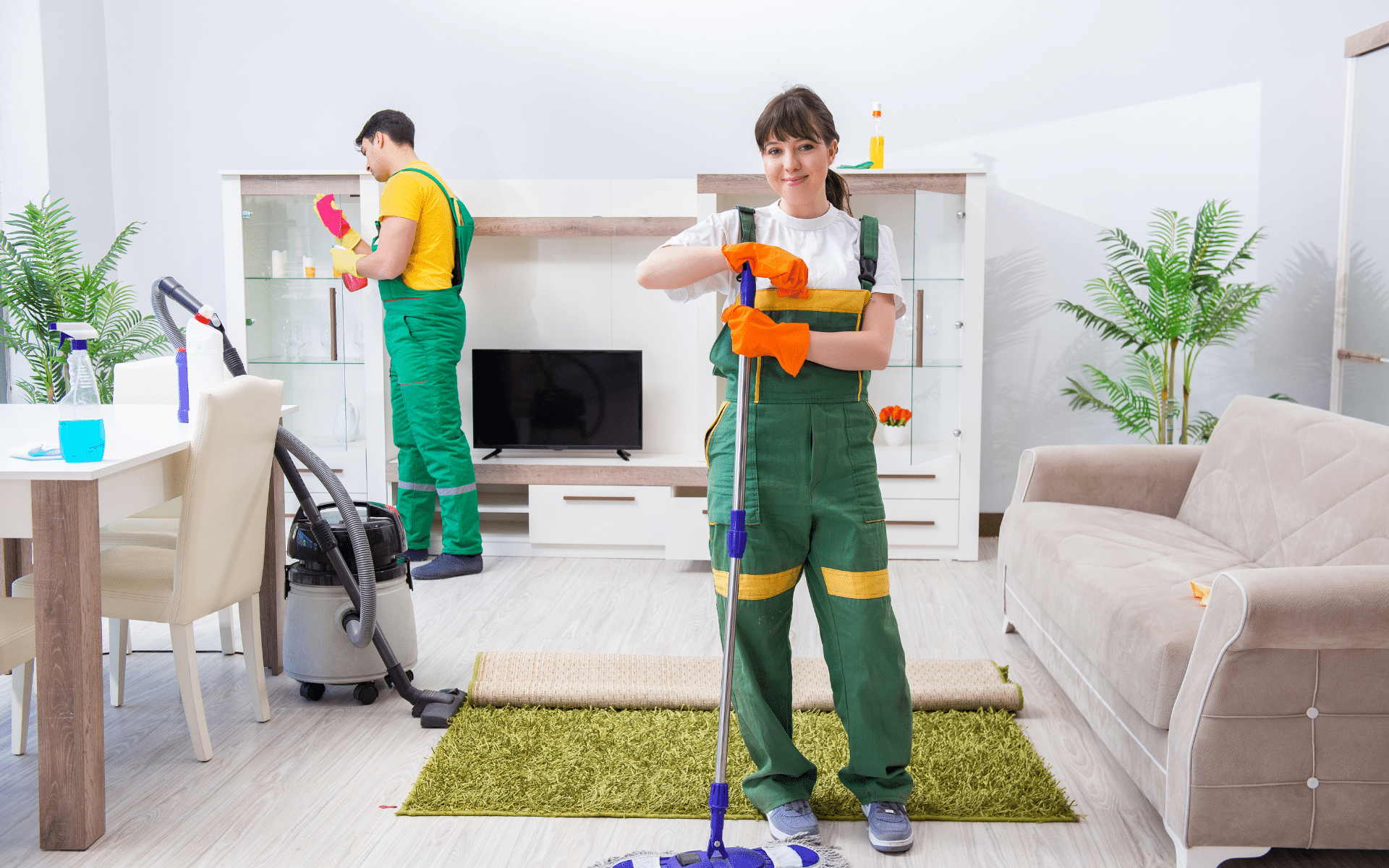 2 maid cleaners in living room