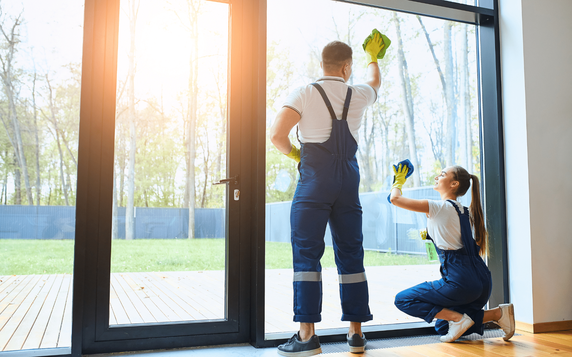 2 maid cleaning an apartment window